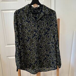 Banana Republic Slightly Sheer Blouse with Dark Green and Navy Blue Flowers M